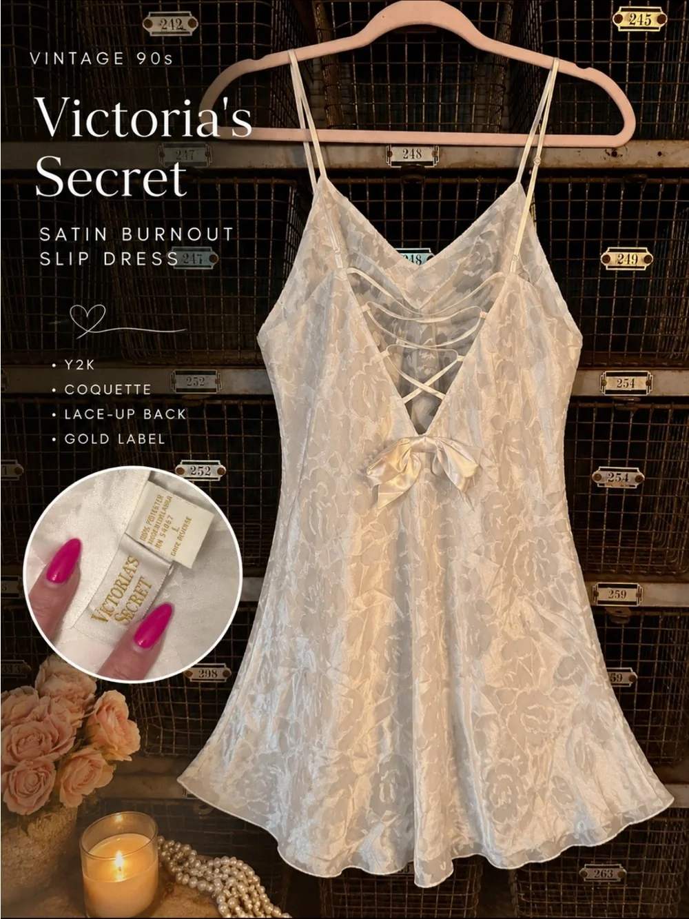 Vintage 90s Victoria’s Secret White Satin Floral Slip Dress 38770